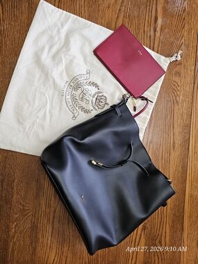 Ralph Lauren Black Leather Bucket Tote with Burgundy Wristlet And Dust Bag